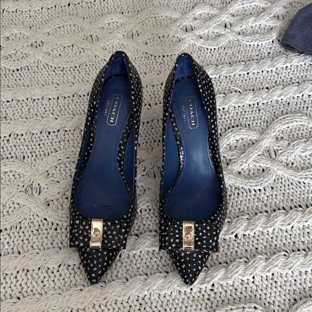 Coach Landrie Black and White Patterned Heels with Gold Buckle